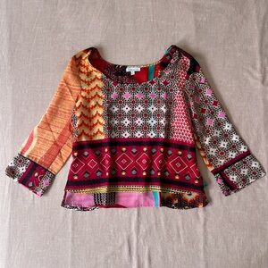 Patrons of Peace Red and Orange Graphic 3/4 Sleeve Blouse